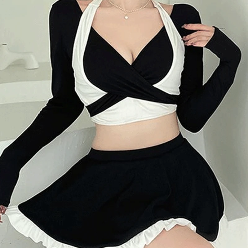 Summer Korean Version Long Sleeve Halter Off Shoulder Contrasting Colors Women's Casual Chest Without Steel Support Swimwears