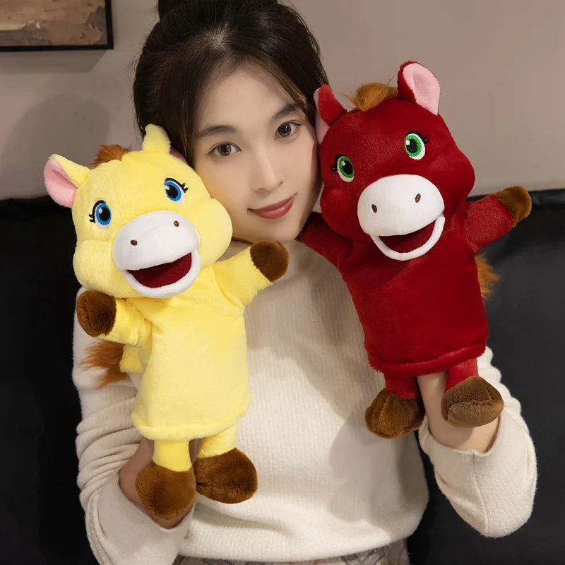 30cm cavalo mão fantoche brinquedos de pelúcia dos desenhos animados animal fantoche de mão pai-filho jogo boneca falando história brinquedo