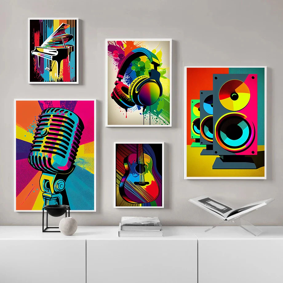 Multicolor Graffiti Music Print Poster Audio Microphone Earphone Wall Art Guitar Piano Sax Canvas Painting Home Room Decoration