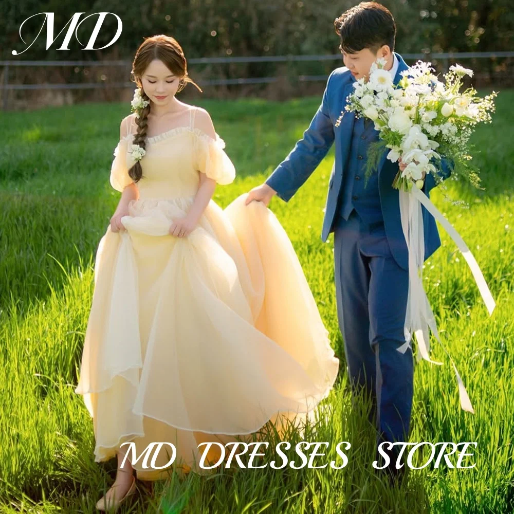 

MD Fairy Yellow Spaghetti Strap Wedding Party Dresses Short Sleeves Korea Photoshoot Floor Length Customised 2025 Evening Gown