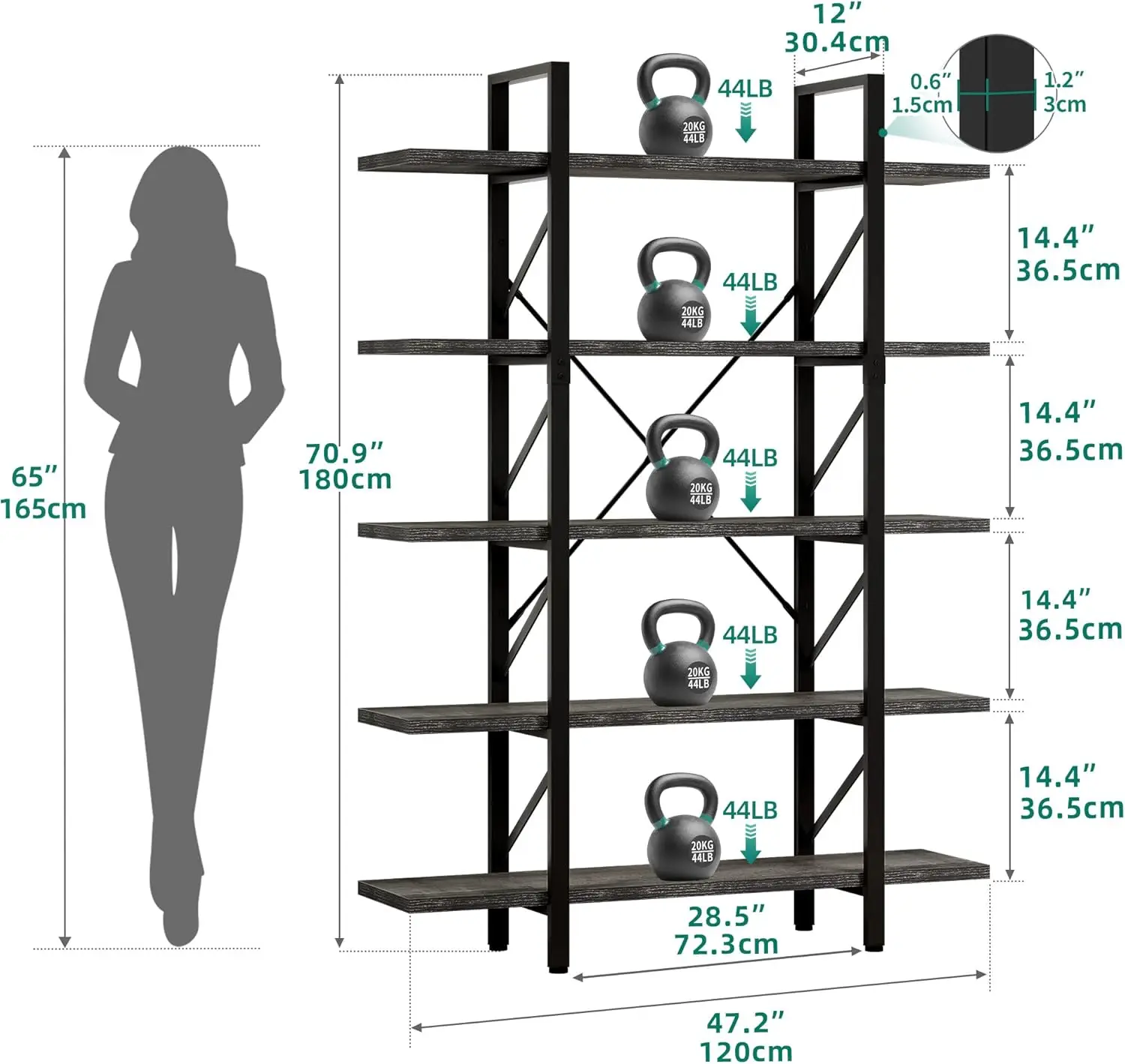 Book Shelf，5 Tier Bookcase, 12