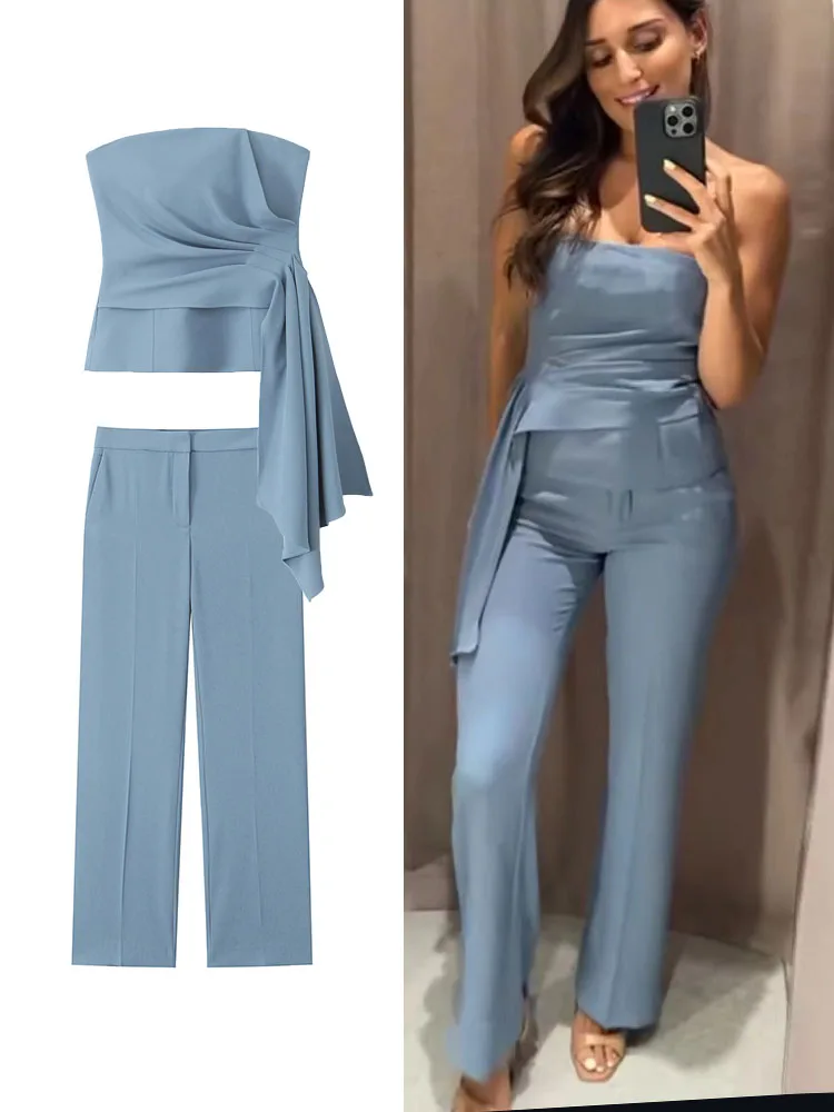 TRAF 2 Pieces Autumn Women Strapless Top Pant Sets Elegant Asymmetrical Folds Causal Top High Waist Zipper Straight Trousers