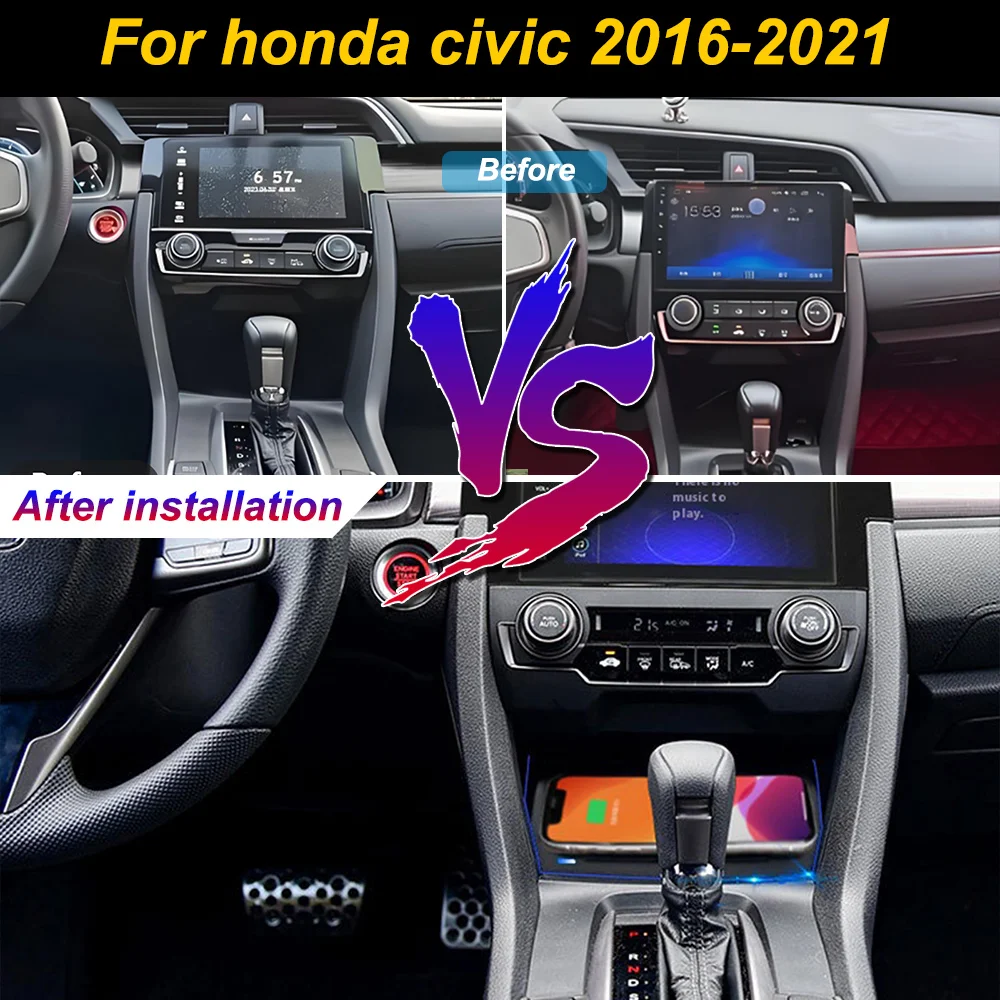 2 Din for Honda Civic 2016-2021 Car Wireless Mobile Phone Charger Center Console Storage 18W iphone fast charge plate holder