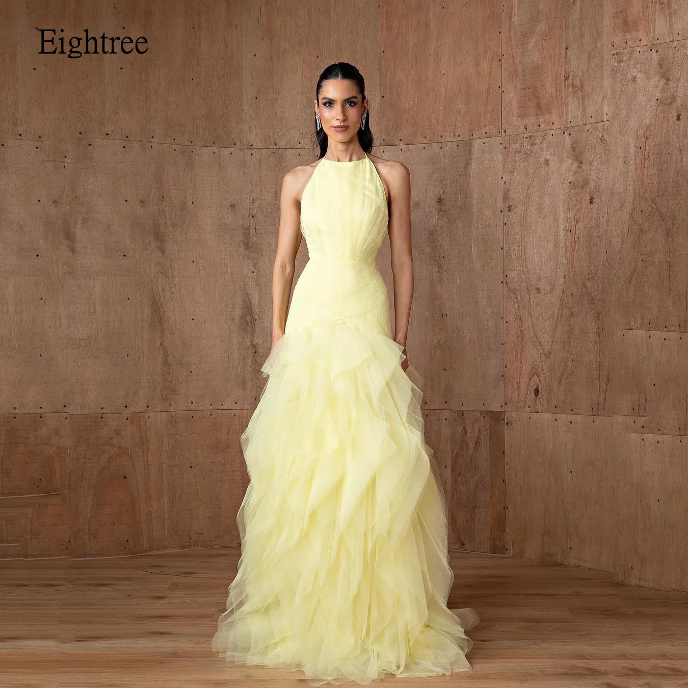 Eightree Yellow Ball Prom Dresses Sleeveless Party Gowns Chiffon Neck Strap Formal Occasion Long Dress Gown Customized