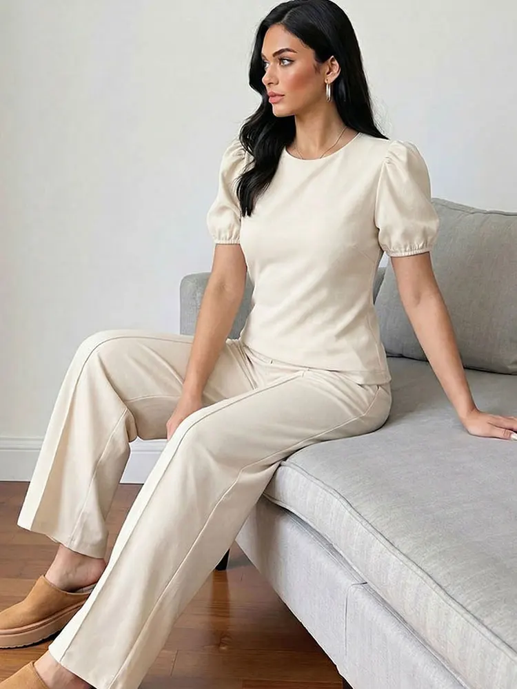 HH Damen Elegantes Beige Set O-Ausschnitt T-Shirt Einfarbiges Puffärmel-Oberteil Lässige Damen Weite Hose High-Street-Chic-Outfit