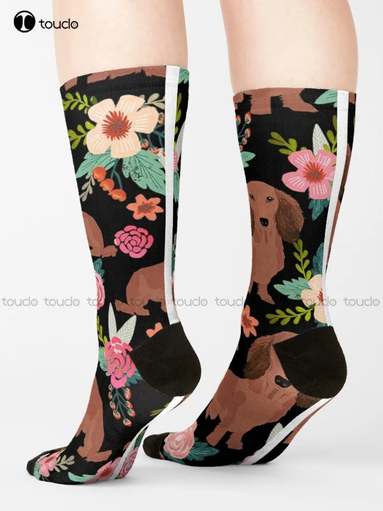 Dachshund Dogs With Flowers Socks Boot Socks For Women Personalized Custom 360° Digital Print Gift Harajuku Colorful Retro