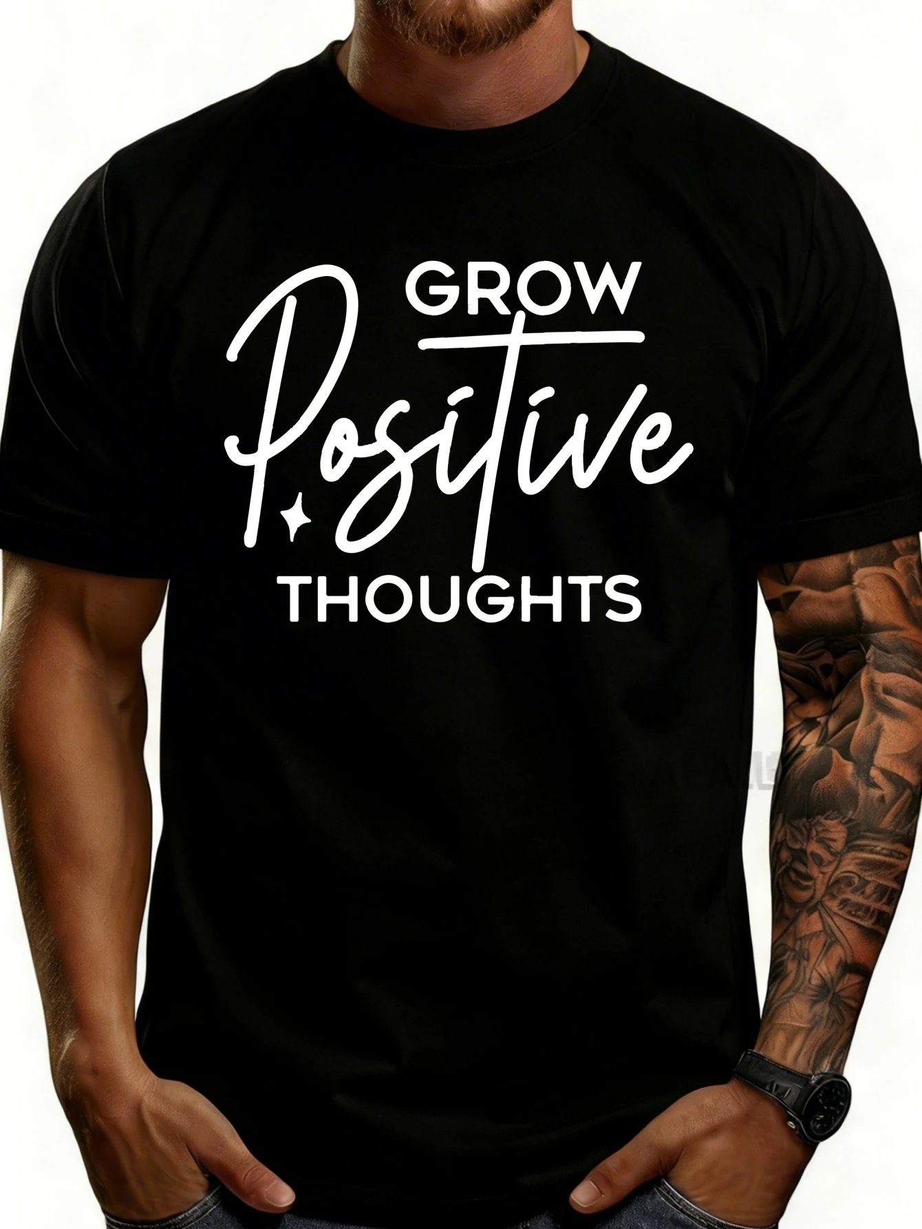 Men's Plain Graphic T-Shirt - Breathable, Soft, Lightweight - Cultivate Positive Thoughts - Vintage Fun Graphic Casual Short Sleeve Summer Top, Gift for Him