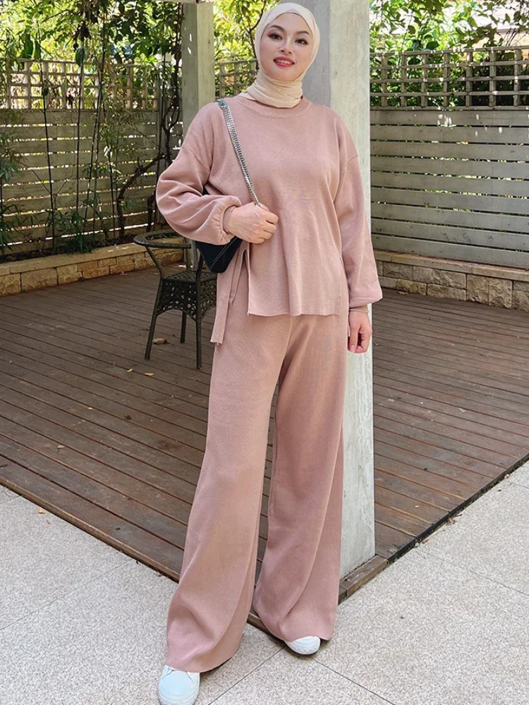 Autumn Knitted Muslim Woman Winter Set Sweater Two Piece Women Top and Pants Suit Sets Ramadan Turkey Kaftan Islam Warm Clothing