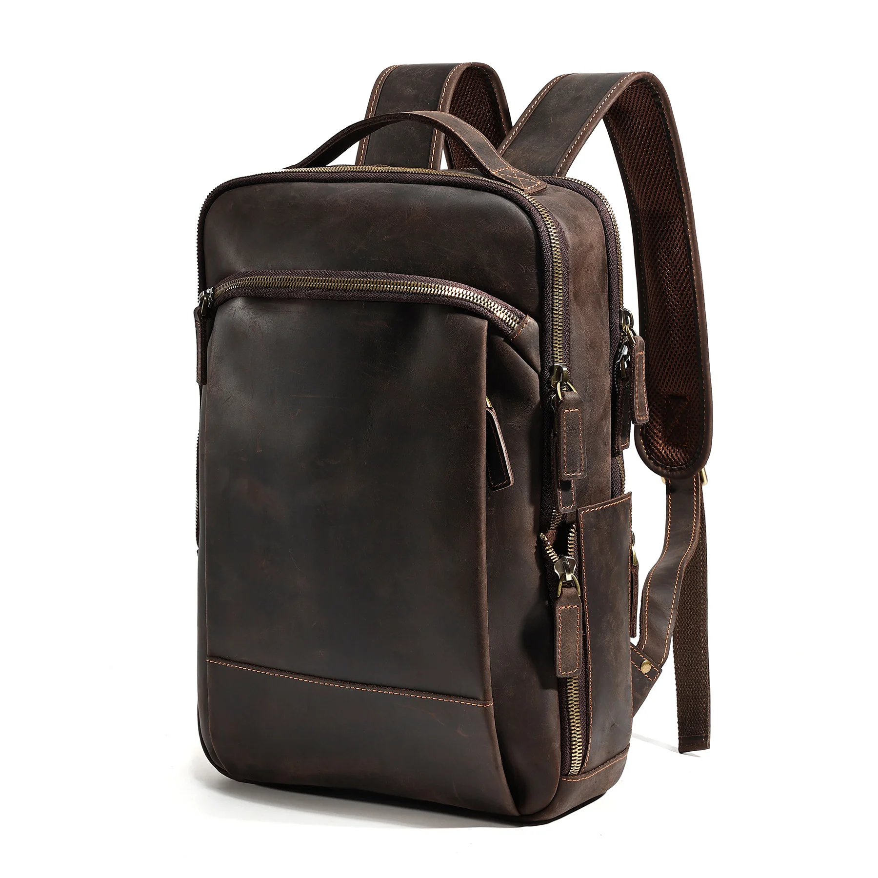Men's Full Grain Leather Backpack Crazy Horse Vintage Travel Rucksack Large Capacity Multi-Functional Bag