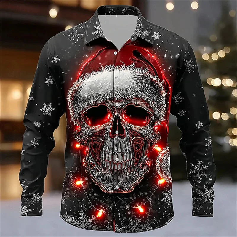 Christmas Men's Skull Button Shirt Long Sleeve Dark Punk Gothic Style Outdoor Holiday Spring Autumn Lapel Shirt 3D Mens clothing