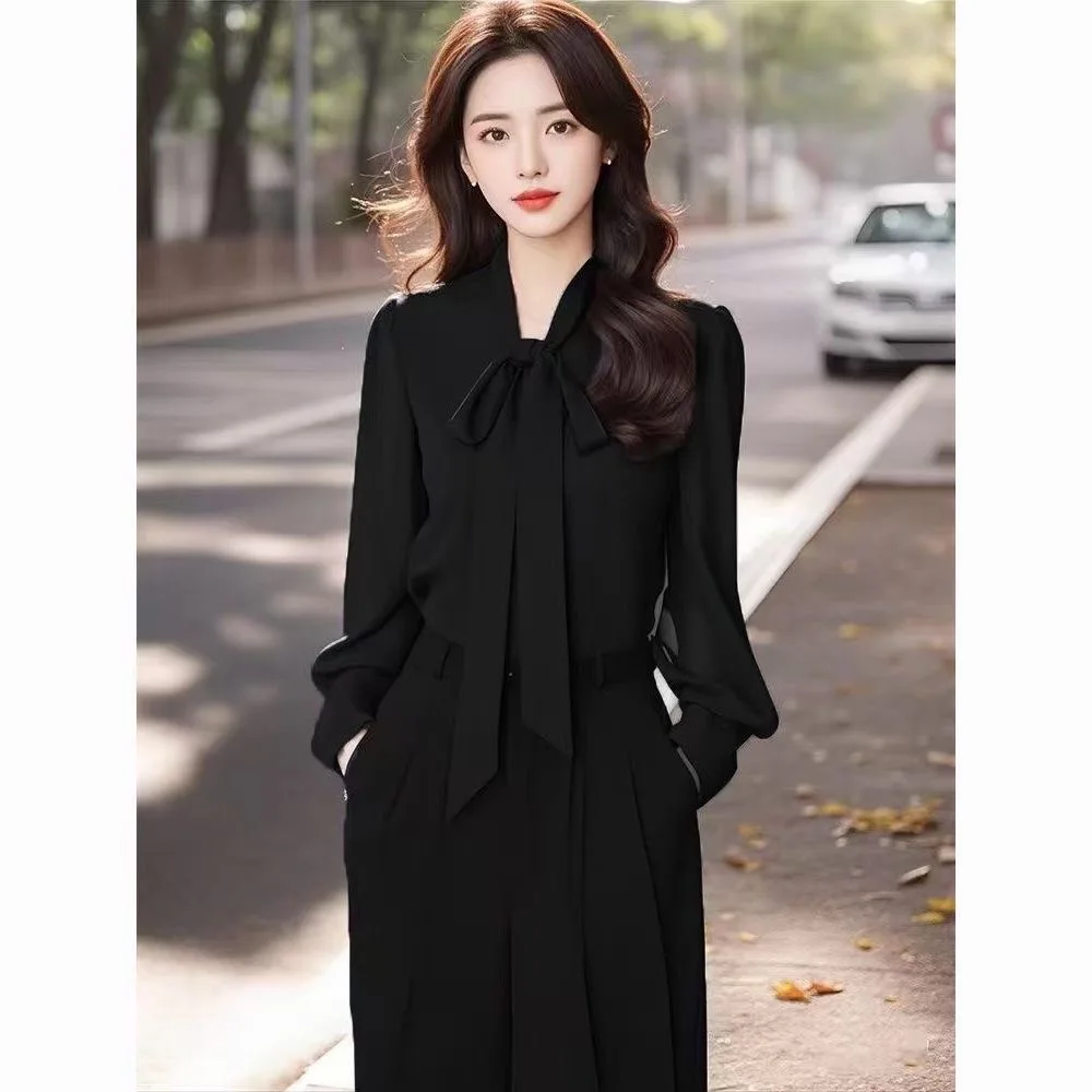 

Elegant Black Knot Long Sleeve Chiffon Shirt 2026 Spring Autumn New Style Women's Professional Shirt with Sash