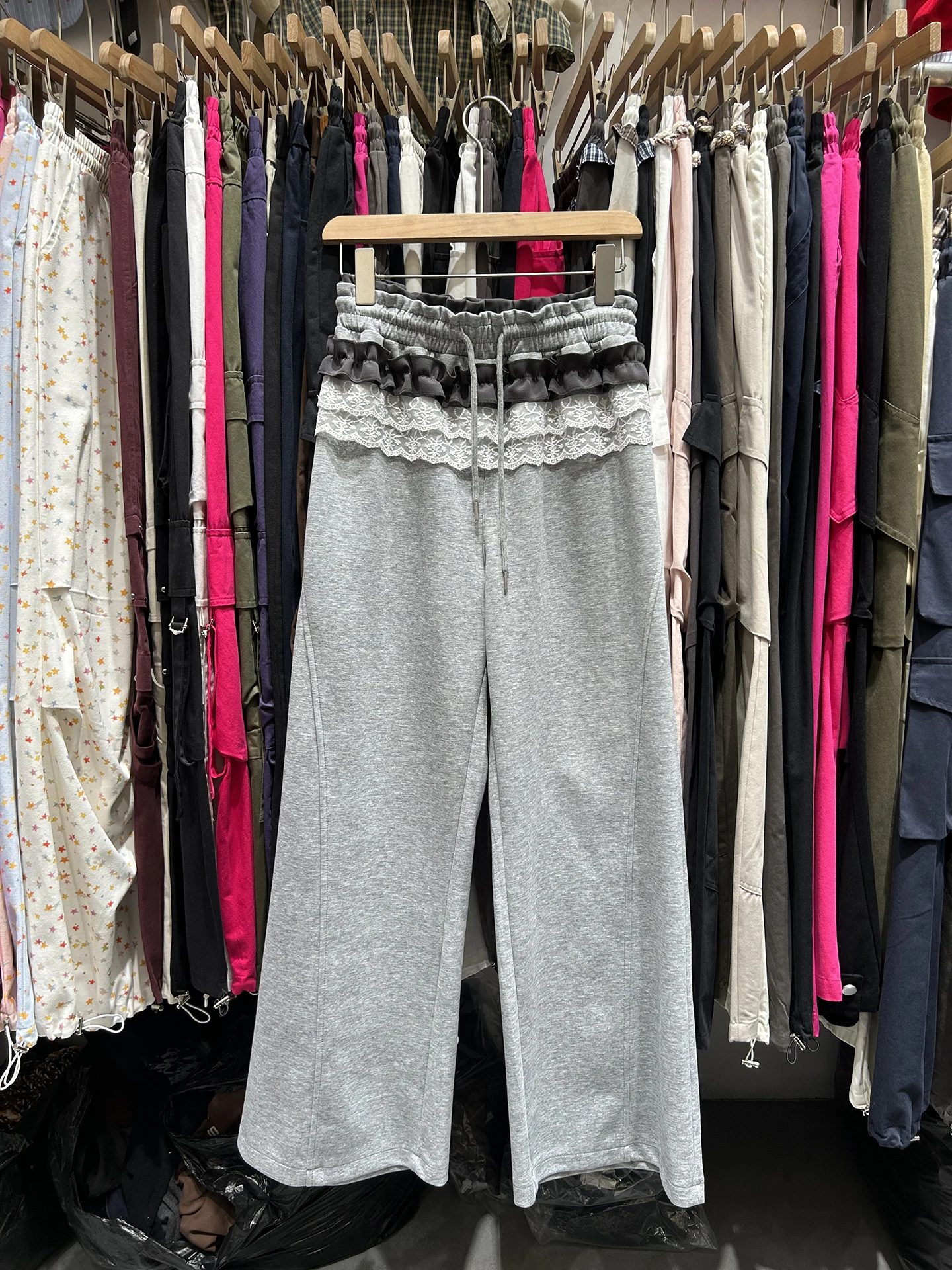 

High Waist Lace Patchwork Wide Leg Casual Pants Women's Spring New Straight Cut Pure Color Versatile Faionable Slimming Tro...