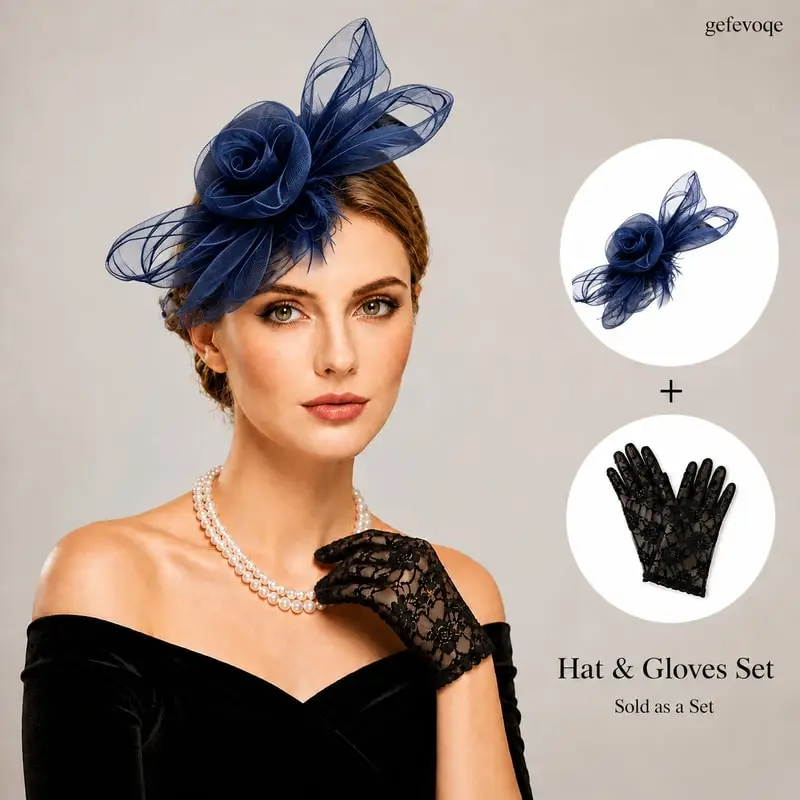 2PCS Womens Formal Fascinator Hat with Lace Gloves Set Elegant Mesh Flower Veil Headwear for Bridal Derby Tea Party Accessory