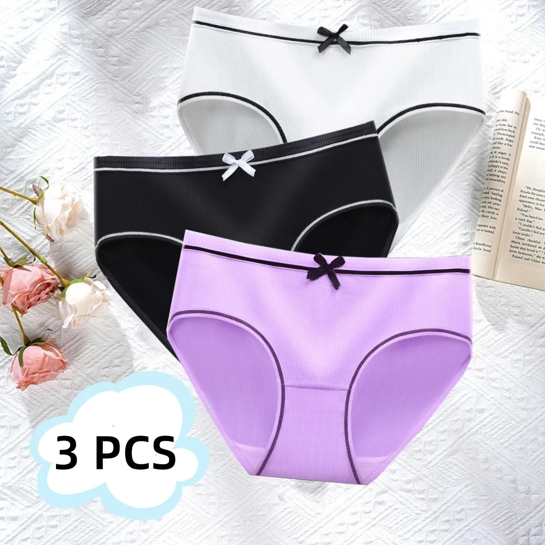 Underwear Female Student Korean Style Threaded Mid-Waist Girl's Sexy Cute plus size Trousers New Style 3 Pieces Japanese Women's