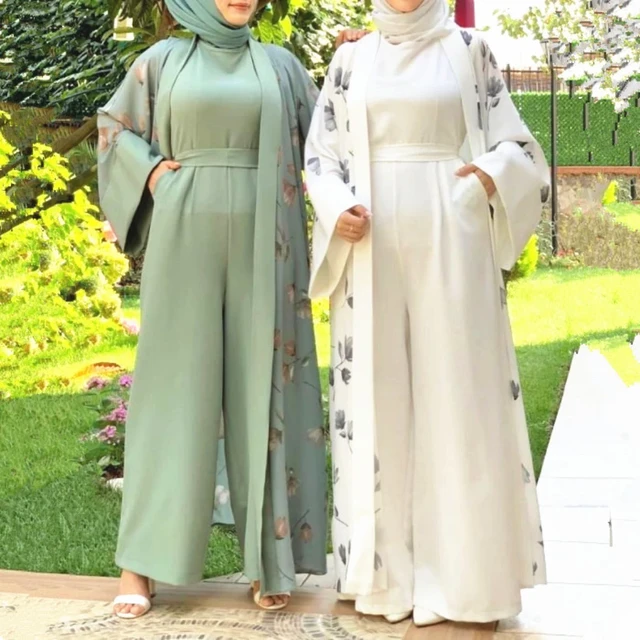 Ramadan Eid Open Abaya Matching Jumpsuit Linen Muslim Hijab Dress Turkey Abayas for Women Dubai 2023 Arabic Kaftan Islam AliExpress