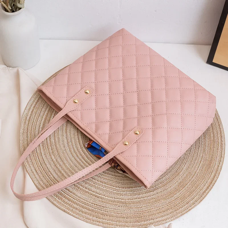 Embroidered Women's Handbag PU Leather Large Capacity Bucket Bag Fashion Beach Tote with Silk Scarf Gift Elegant Daily Use Purse