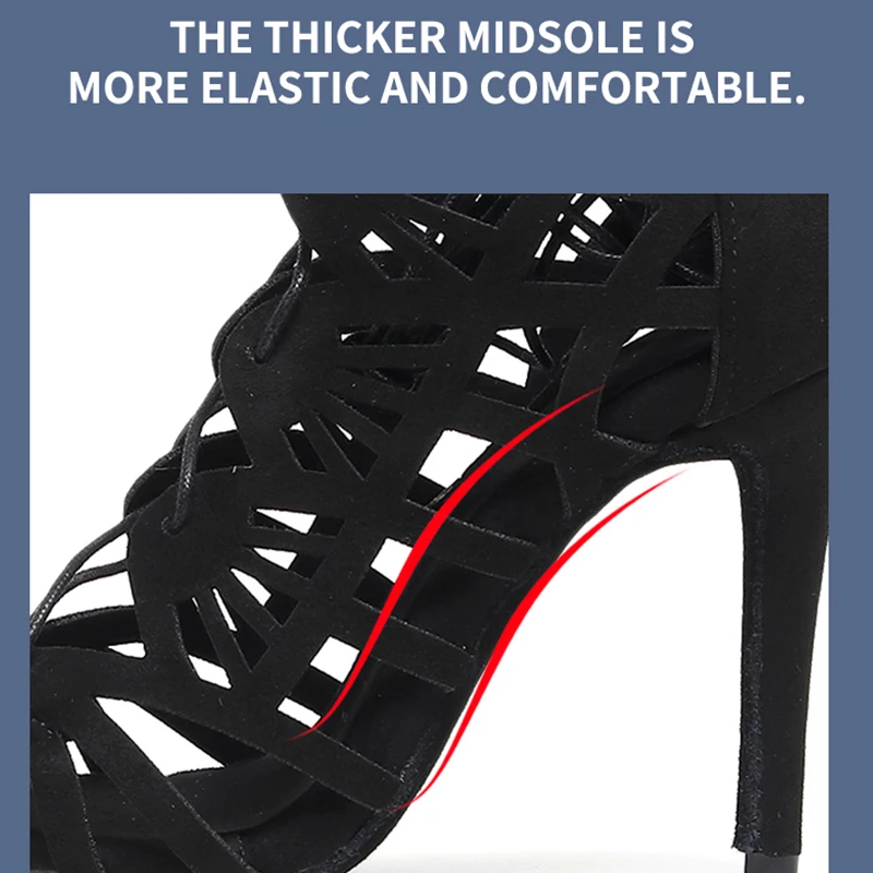 Woman Black Latin Dance Shoes Strappy Closed toes High Heels Suede Rubber Summer Sandals Salsa Jazz Latin Dancing Shoes7.5-11cm