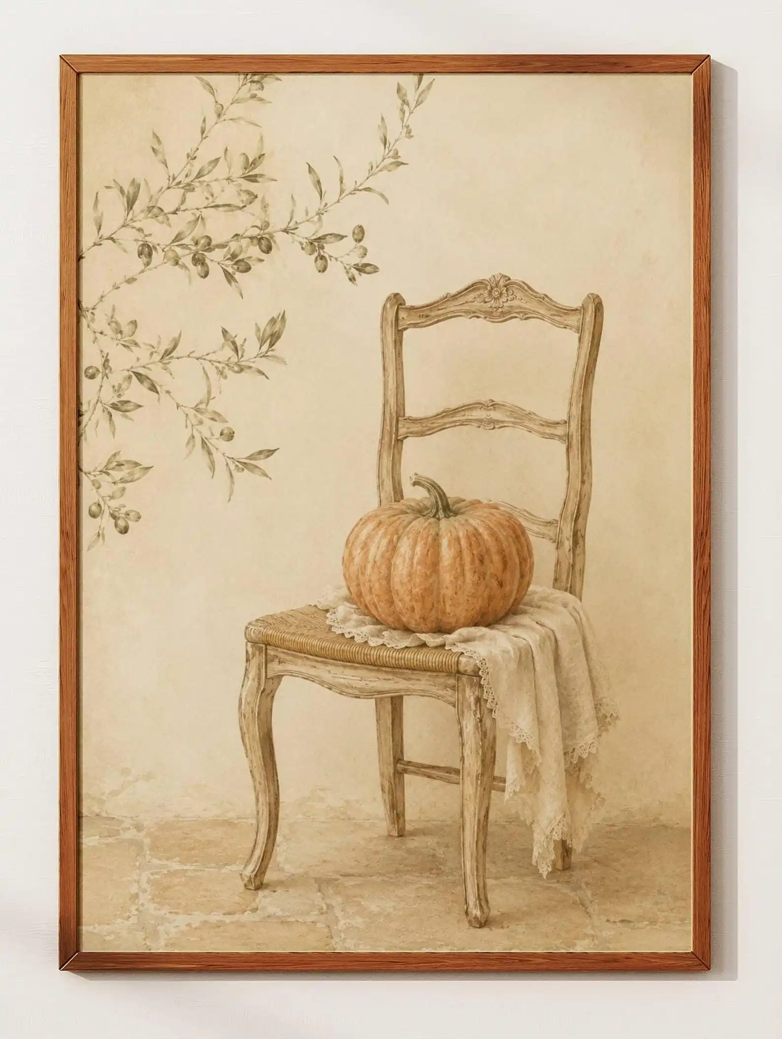 Vintage Rustic Neutral Pumpkin Autumn Decor Poster - Unframed Retro Cozy Chair Print Painting for Living Room and Bedroom Decor