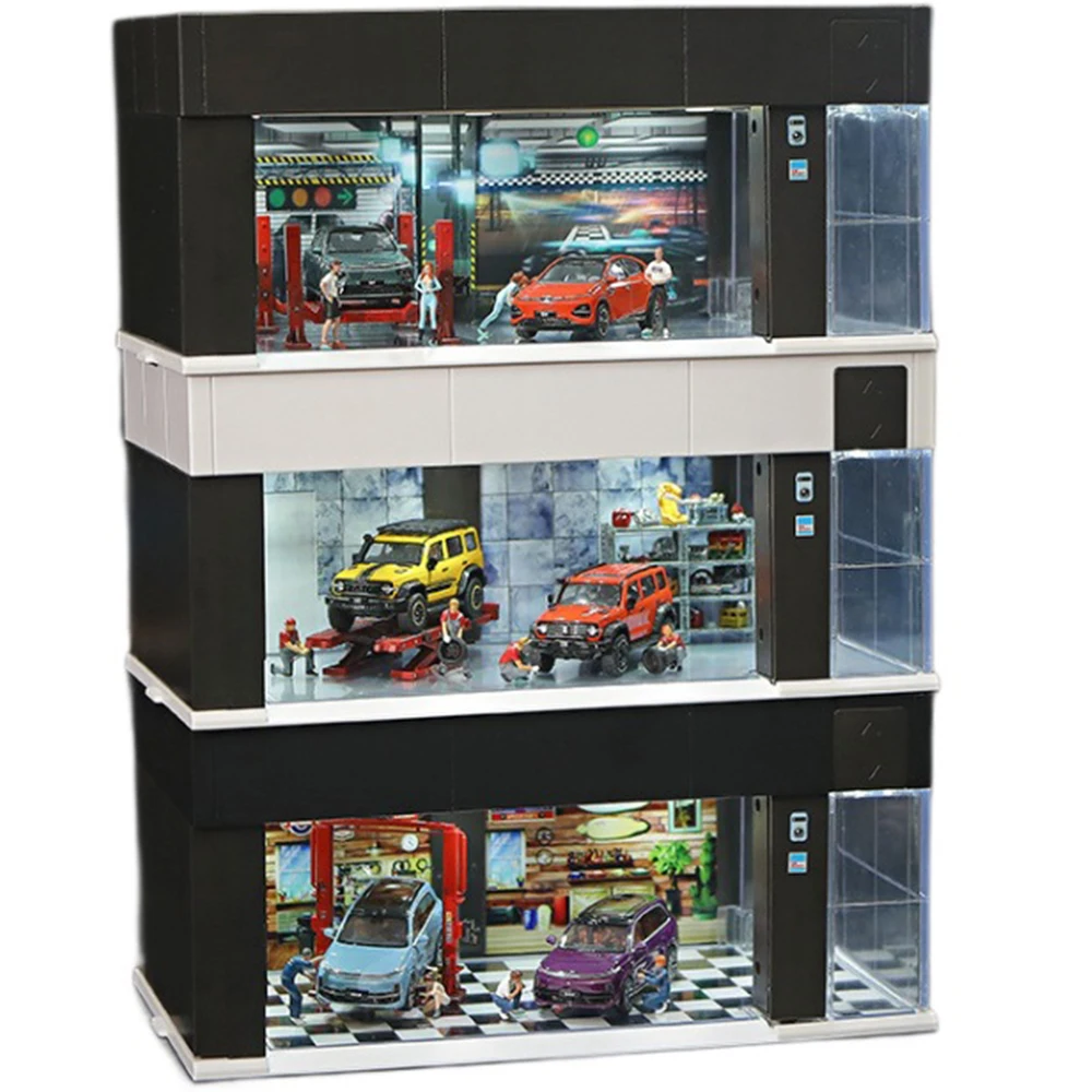 

Voice Controlled 1/64 Scale Car Display Case Box with LED Lights Car Garage Diorama Models Set Parking Simulator