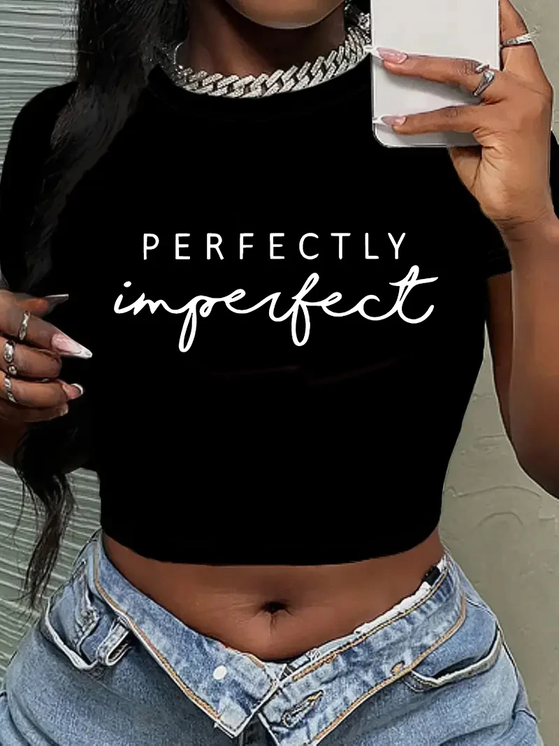 90er Y2K Sommer Perfekt Unvollkommen Buchstaben-Print Crop Top T-Shirt Damen Bedrucktes Shirt T-Shirt Sexy Mädchen-Shirt