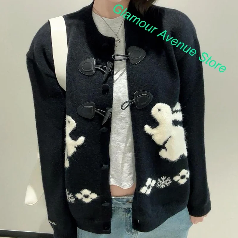 Korean cute rabbit embroidered sweater cardigan women's autumn and winter new horn buckle stitching retro lazy round neck coat.