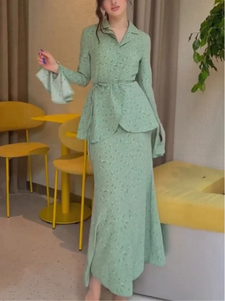 Muslim Ramadan Women Two Pieces Set Dress Lace Up Tops Skirt Suit Dubai Abaya Arab Kaftan Islamic Turkey Casual Print Suits 2025