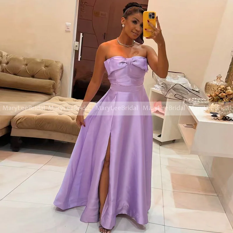 

Satin Bow Neck Lavender Bridesmaid Dresses Full Length A-line Front Slit Maid of Honor Dress for Wedding Party Customized Robes