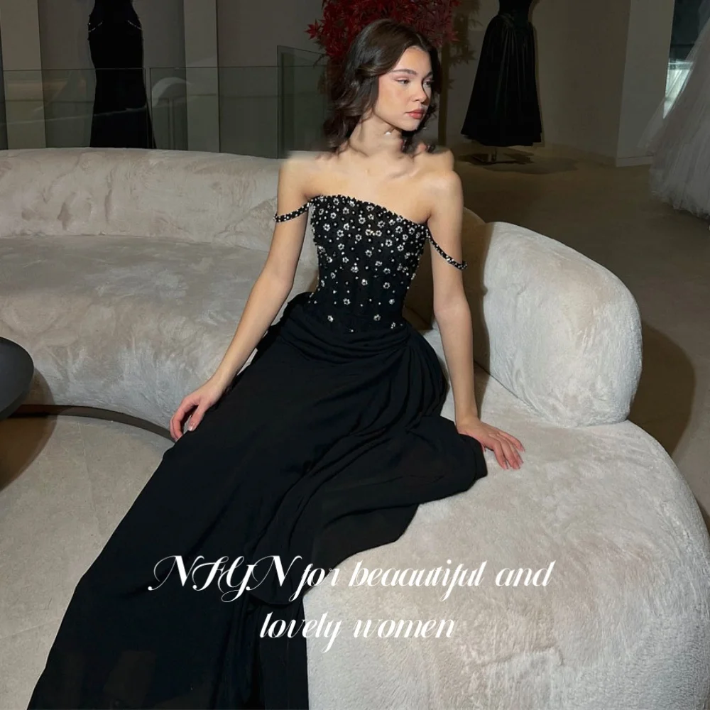

NFYN Black Elegant Formal Gown Pleats Satin Crystal Prom Dress Off the Shoulder A-line Evening Dress robes de soirée Customized