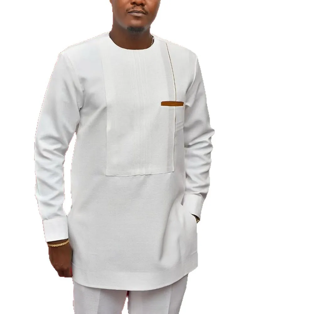 

2 Piece African Clothes for Men Autumn Fashion African Men Long Sleeve O-neck White Top Long Pant Matching Sets Africa Clothing