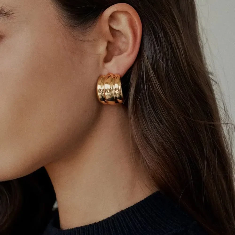 18K Gold Plated Three Layers Arch Ear Stud Delicate Polished Square Striped Texture Hoops Statement Earrings for Women Jewelry