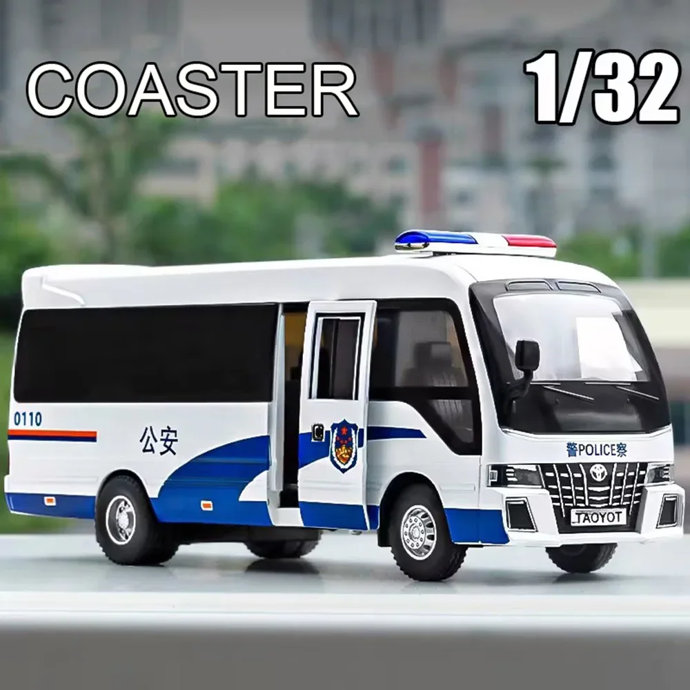 1:32 Alloy Diecast COASTER Toys Police Cars Model Rubber Tires 3 Doors Opened Vehicle with Light Sound Toy for Toddler Kids Gift