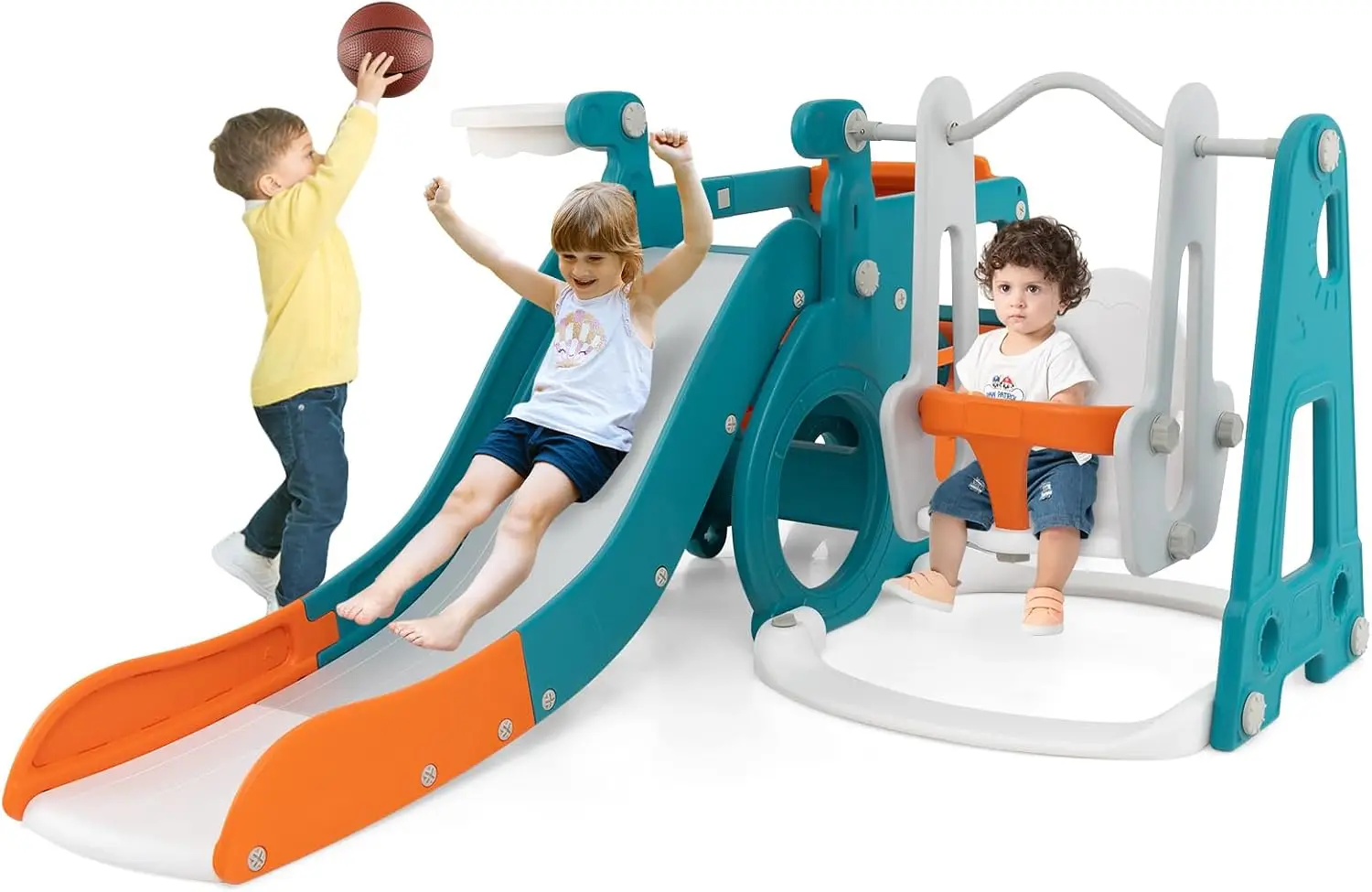 Ensemble toboggan et balançoire pour tout-petits 6 en 1, ensemble de jeu pour bus intérieur et extérieur avec balançoire pour bébé, panier de basket-ball, tunnel rampant, escalade pour enfants