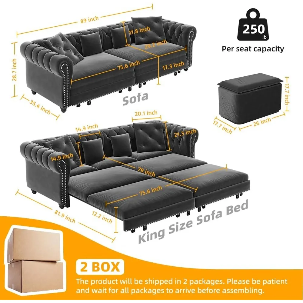 Диван-кровать-трансформер, 3-местный бархатный тафтинговый диван-кровать размера King Size с шезлонгом - выдвижной диван для удобного меха гостиной