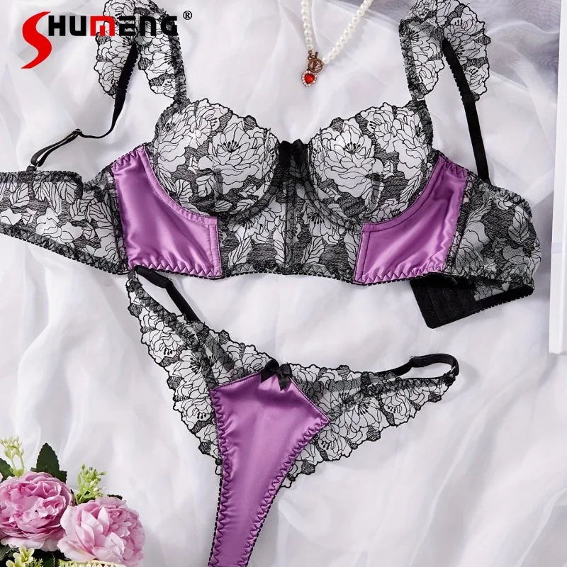 

Underwire Push Up Ultra Thin Bra Set Female Comfortable High End Color Block Brief Suits Women's Breathable Underwear Set