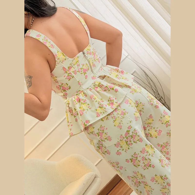 

Women's Chic Cute Floral Printed Vest Pants Outfits 2026 Spring U Neck Sleeveless Ruffle Hem Tops Wide Leg Trousers 2 Piece Sets
