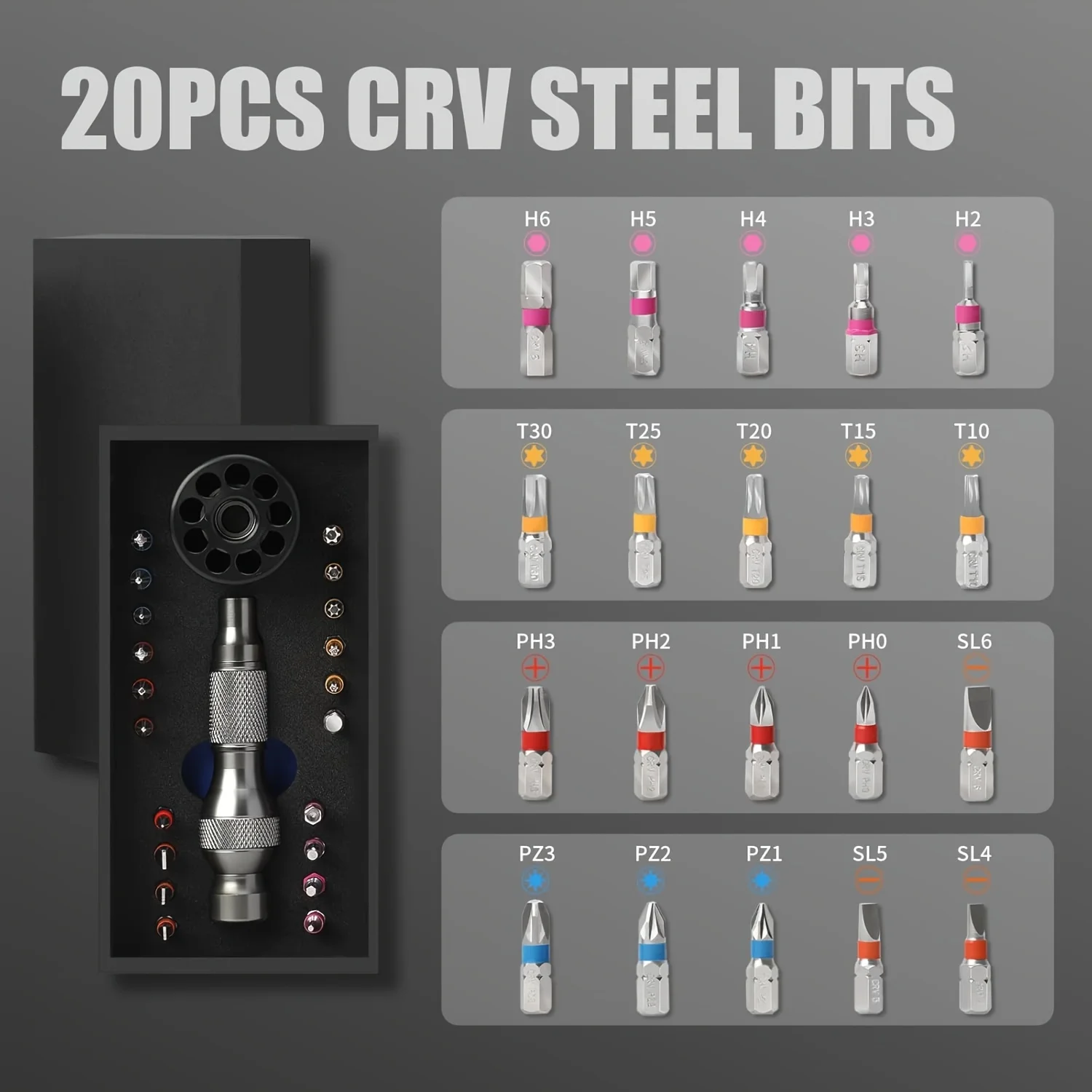 Schraubendreher-Bit-Sets 22-teilig mit magnetischen Präzisionsspitzen | mit Aufbewahrungsbasis, ergonomischem Griff und Schraubendreher-Bit-Set – Detail 5