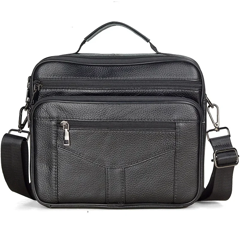 Black Men Casual Shoulder Bag Male Genuine Leather Handbags Men's Large Zipper Messenger Bag Travel Tablet Bag Tote