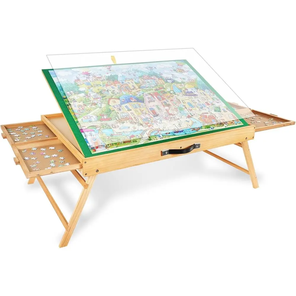 

Портативный стол для пазлов на 1500 деталей с ножками, регулируемая деревянная доска 25x34 с 4 ящиками и крышкой, идеально подходит для взрослых и мам, идеальное решение