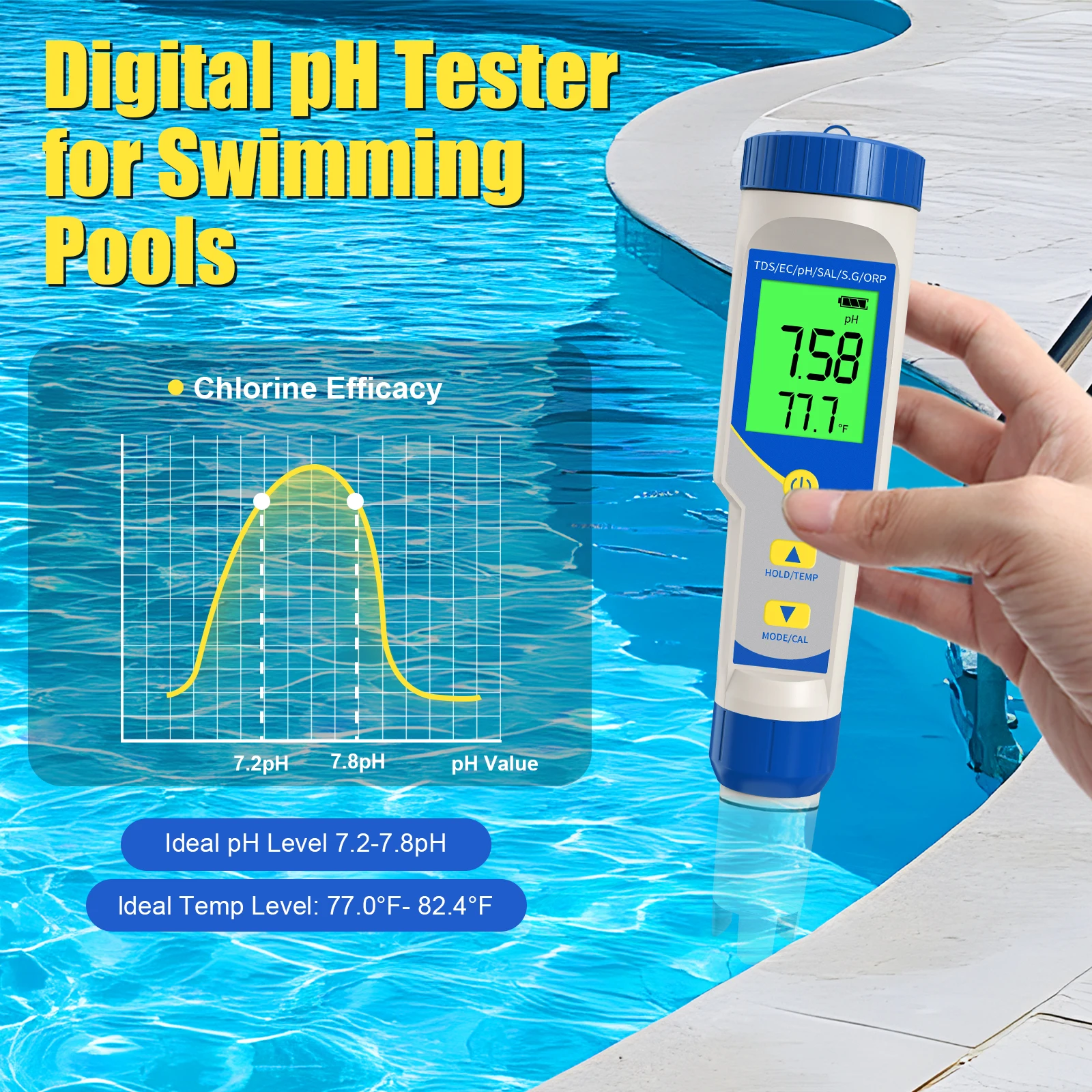 Yieryi PH Medidor para Piscina, Alta Precisão, PH Medidor, TDS, CE, ORP, ppm Tester, Salimeter para Aquarium, hidroponia, 0,01 Resolução, 7 em 1