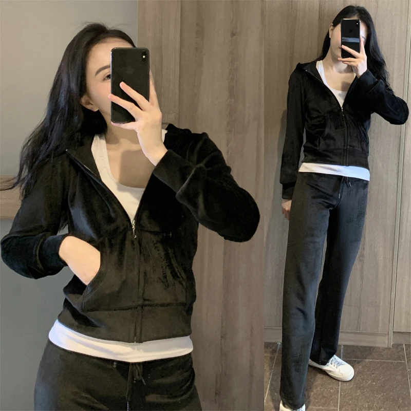 Spring 2026 Women's Gold Thread Velvet Black Casual Sports Set Two-Piece Suite Fashionable Anti-Aging High-End Leisure Wear