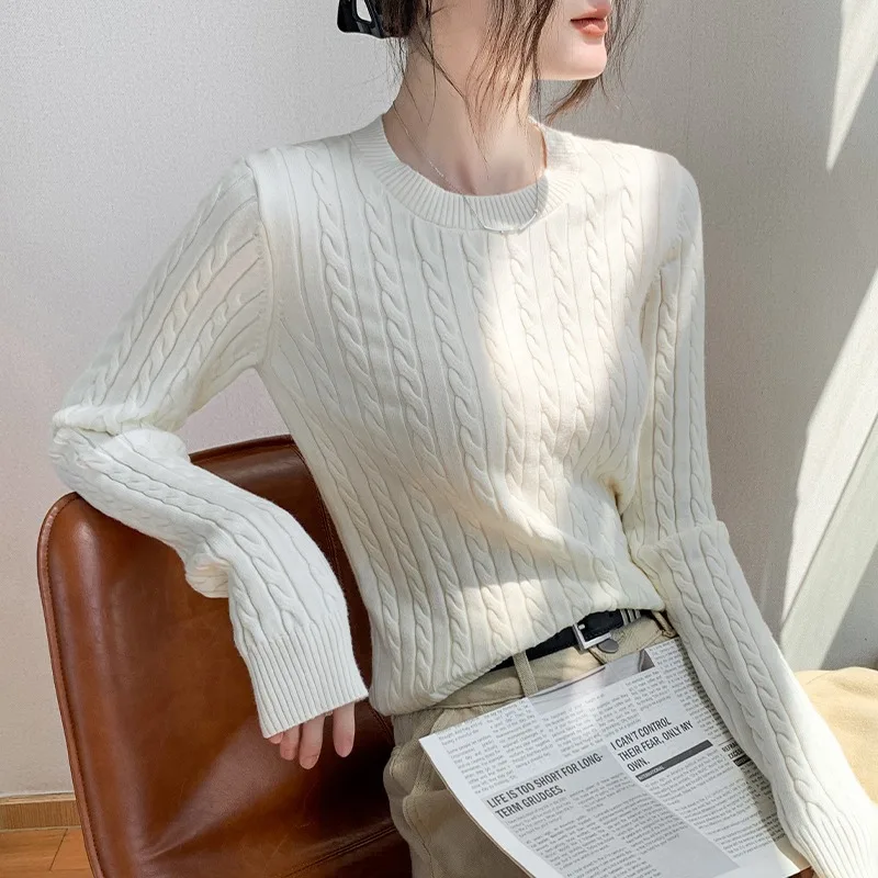 Czarny sweter damski z okrągłym dekoltem, dzianinowy, dopasowany, z długim rękawem, nowy model, bluzki damskie, swetry Q2354