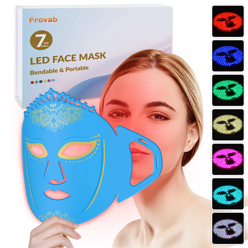 Portable 7 Color LED Facial Mask Light Theraphy Face Shield with LED Lights Reduce Hyperpigmentation Redness Wrinkles Device