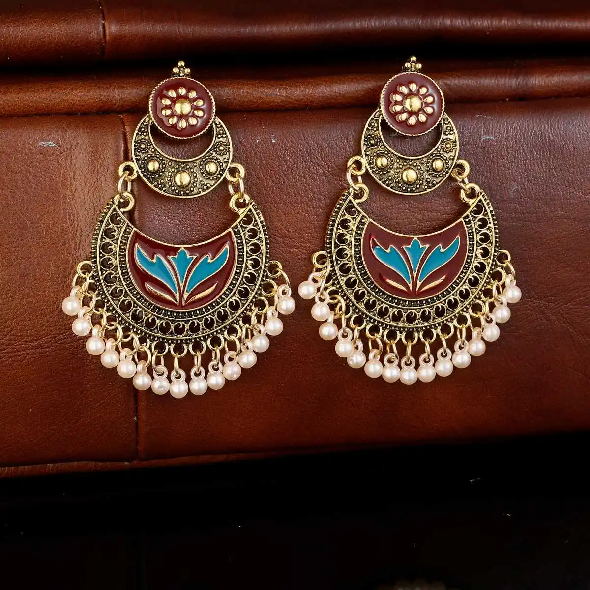 Women's Ethnic Blue Indian Gypsy Earrings Pendientes Vintage Tribe White Beads Tassel Jhumka Earrings Jewelry