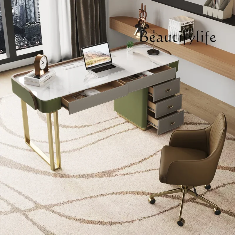 

living room high-end simple modern office computer desk saddle leather Italian rock slab desk chest integrated solid wood