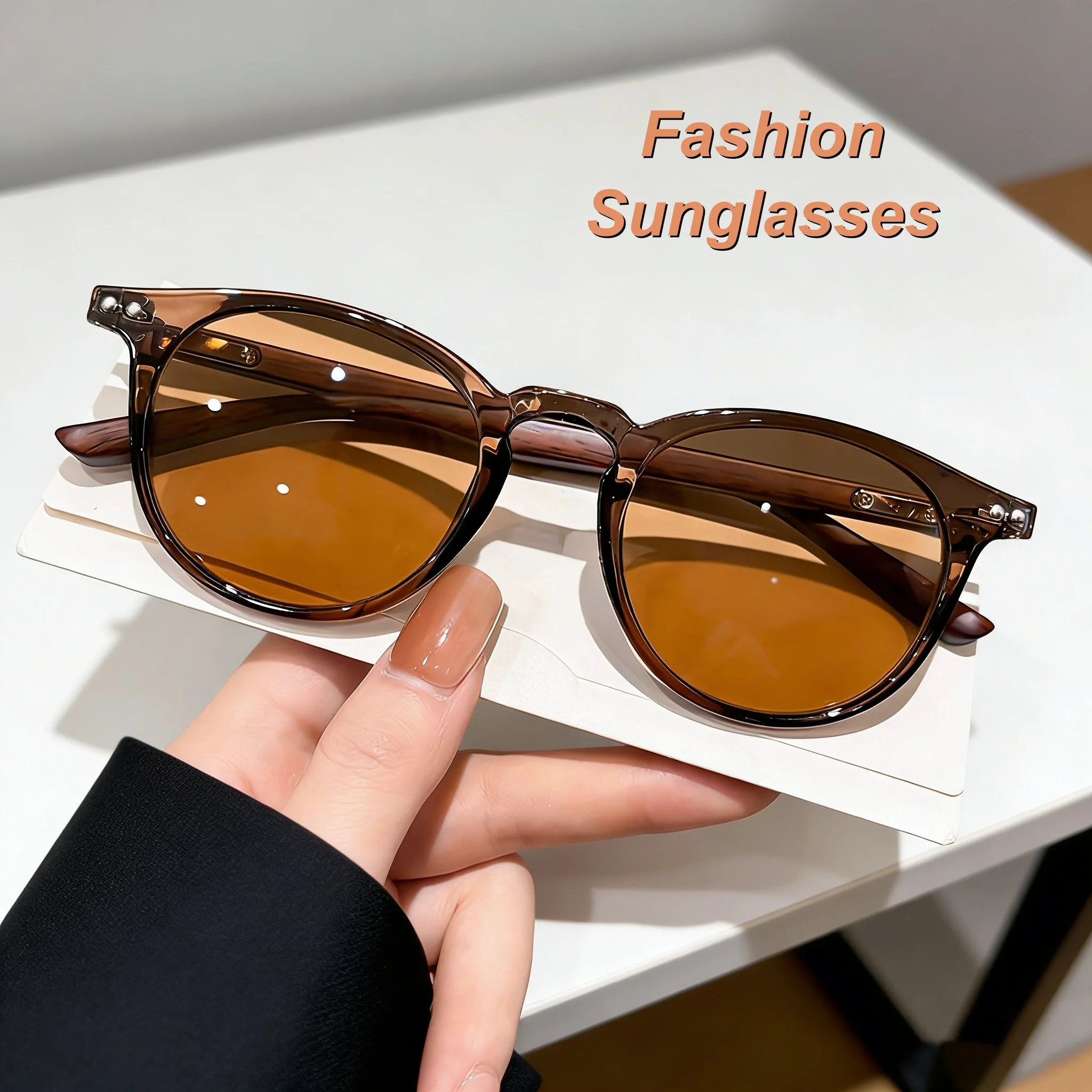 

2026 New Fashionable HD Round Frame Women's Sunglasses Retro Neutral UV400 Wood Grain Leg Multi Color Lens Sunscreen Glasses