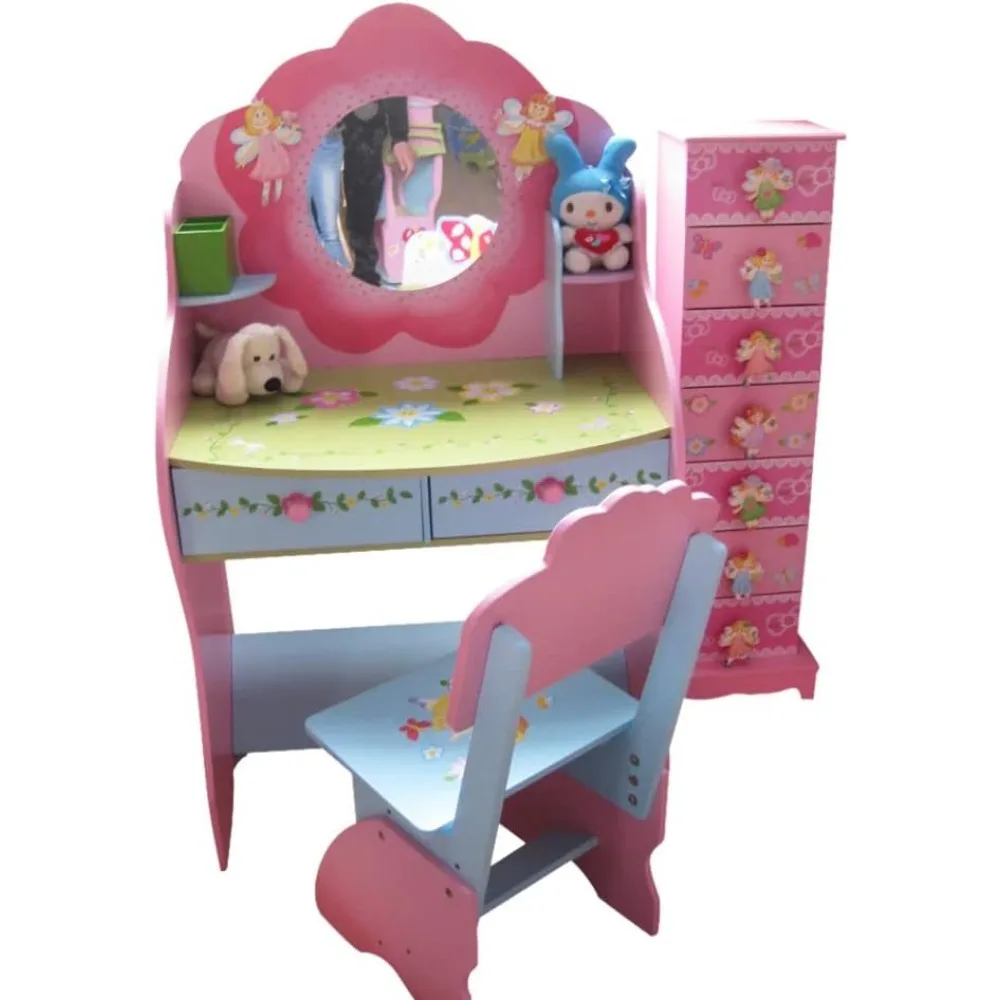 Penteadeira e cadeira para meninas de fadas infantis com espelho, mesa de maquiagem princesa com gaveta