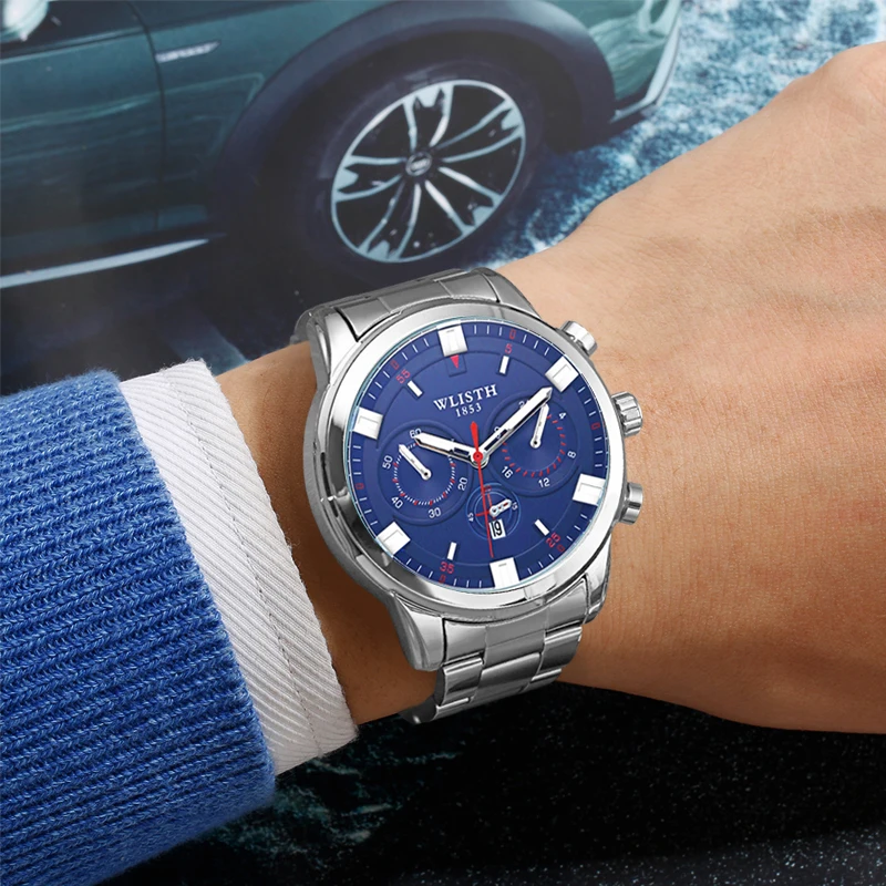 

YASHIDUN мужские часы из нержавеющей стали в деловом стиле, роскошные стразы, 43 мм, синее золото, кварцевые наручные часы Relogios Masculino