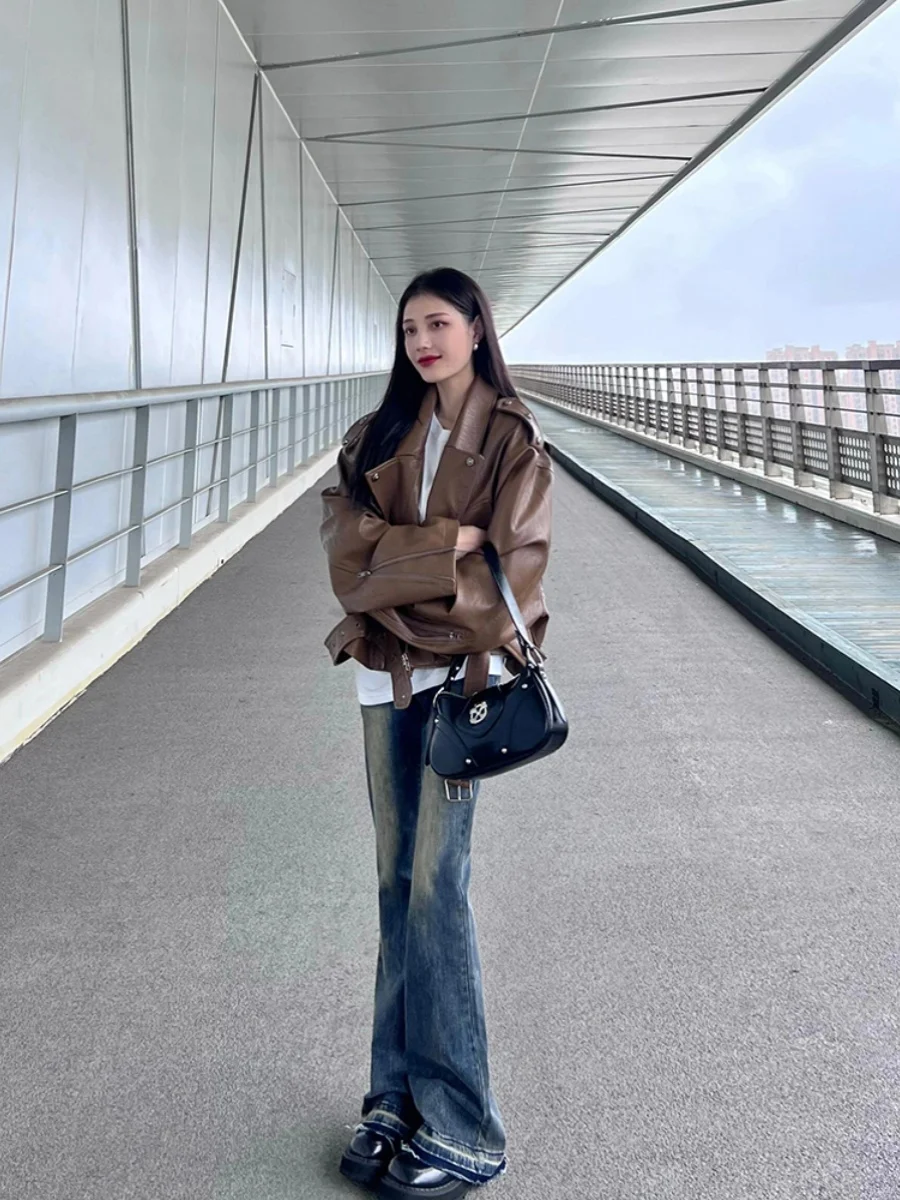 ブラウンカラーPUレザージャケット レディース ルーズ ショートスリーブ 春秋 2024 新作 ファッション ワークウェアコート PmORhブランド