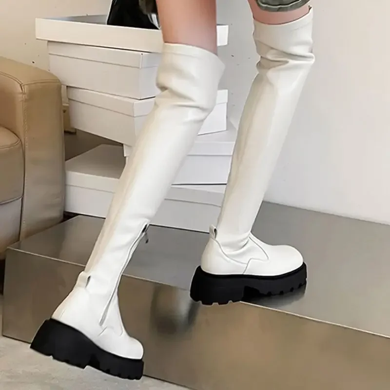

White Women's Stretch Slimming Sexy Over The Knee Boots 2025 New Autumn Winter Chunky Heel Platform Square Toe High Boots