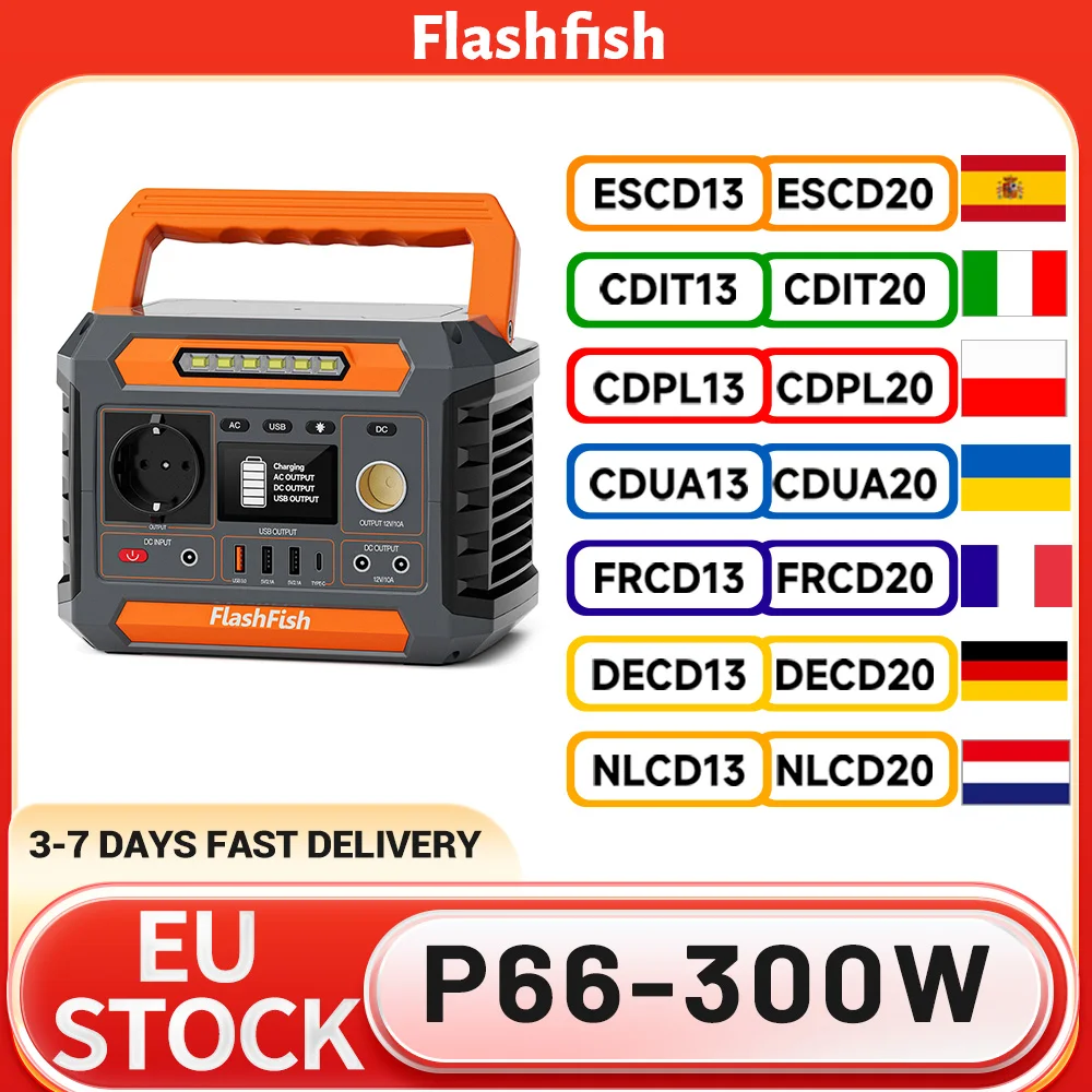 Estación de Energía Portátil Flashfish P66, Generador para Exteriores de 300W 230.88Wh, 8 Salidas, USB-C QC3.0, Carga Solar, Onda Sinusoidal Pura